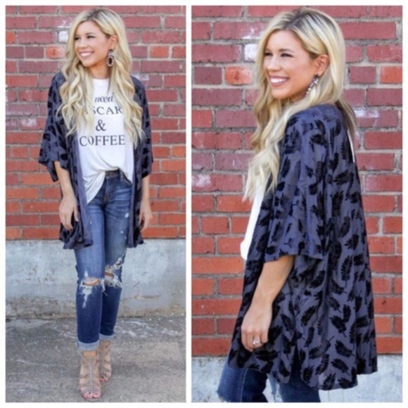 Navy Velvet Feather Boho‎ Kimono - Picture 4 of 5